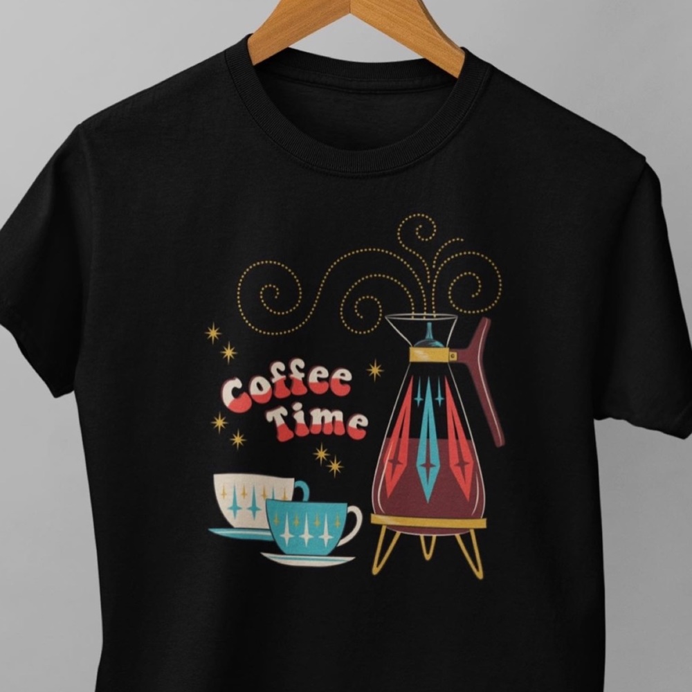 VINTAGE STYLE MID-CENTURY MODERN COFFEE TIME PYREX BLACK T-SHIRT RETRO BRUNCH